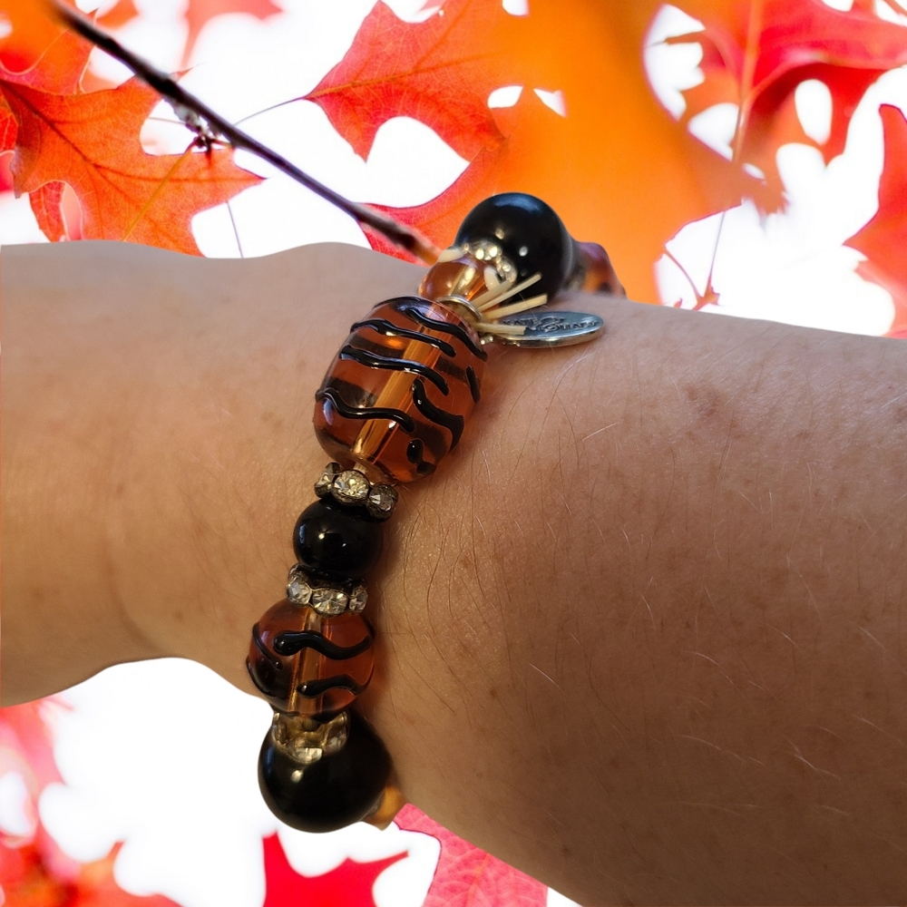 Kate & Macy Rhinestone Black Orange Painted Beaded Stretch Bracelet MARKED